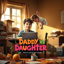 A humorous and heartwarming movie poster for 'Daddy vs Daughter,' depicting a young scriptwriter at a desk with a laptop, looking frustrated yet affectionate