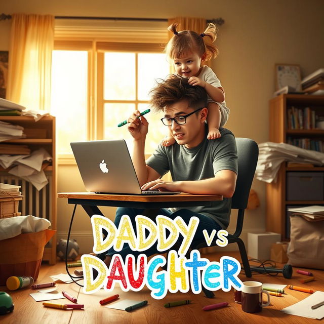 A humorous and heartwarming movie poster for 'Daddy vs Daughter,' depicting a young scriptwriter at a desk with a laptop, looking frustrated yet affectionate