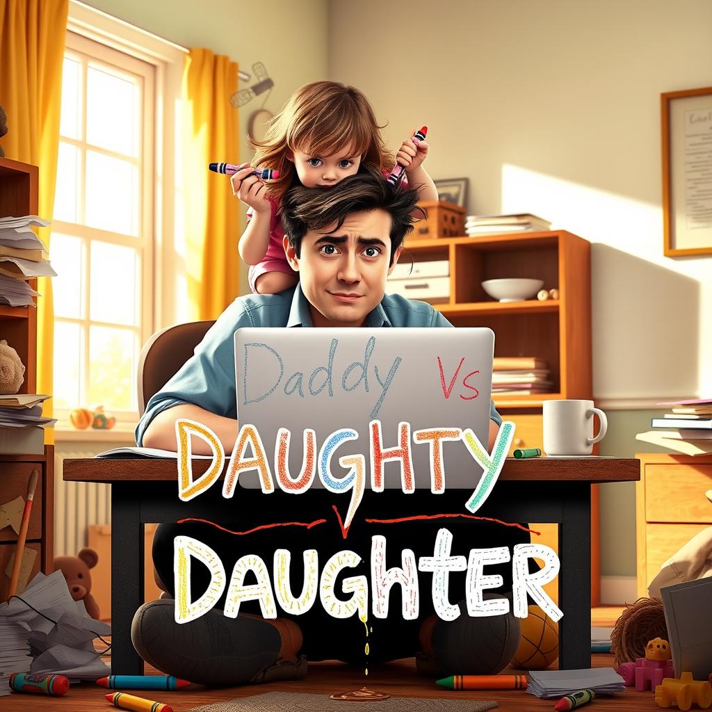 A humorous and heartwarming movie poster for 'Daddy vs Daughter,' depicting a young scriptwriter at a desk with a laptop, looking frustrated yet affectionate