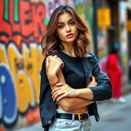 Alya, a confident young woman with striking features and a playful expression, striking a cute pose wearing a stylish outfit that blends street style and chic fashion