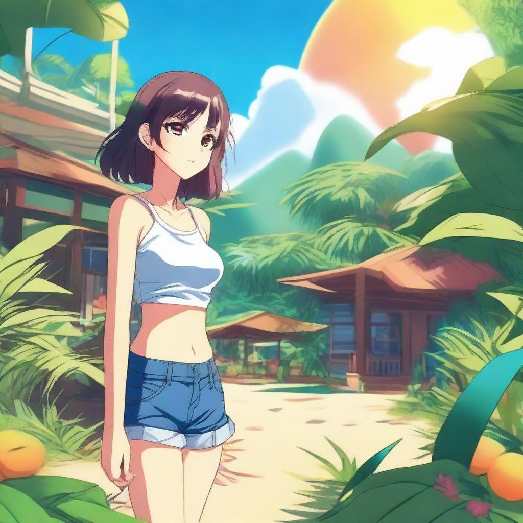 A high-quality digital art image, featuring an anime-style scene set in a hot, tropical environment