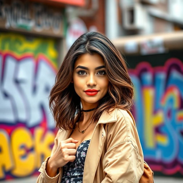 Alya, a confident young woman with striking features and a playful expression, striking a cute pose wearing a stylish outfit that blends street style and chic fashion