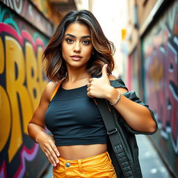 Alya, a confident young woman with striking features and a playful expression, striking a cute pose wearing a stylish outfit that blends street style and chic fashion