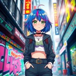 A vibrant and lively portrait of Maki, a character with expressive blue hair styled in a trendy bob