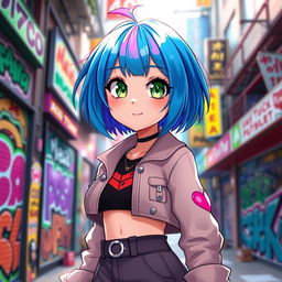 A vibrant and lively portrait of Maki, a character with expressive blue hair styled in a trendy bob