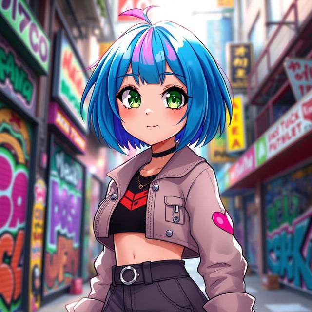 A vibrant and lively portrait of Maki, a character with expressive blue hair styled in a trendy bob