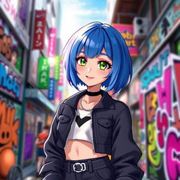 A vibrant and lively portrait of Maki, a character with expressive blue hair styled in a trendy bob