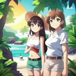 A high-quality digital art image, featuring an anime-style scene set in a hot, tropical environment