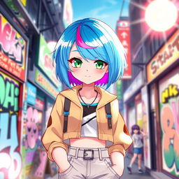 A vibrant and lively portrait of Maki, a character with expressive blue hair styled in a trendy bob