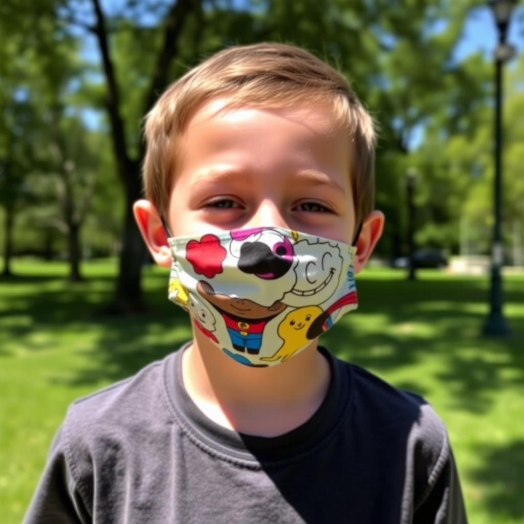 A young boy with a joyful expression wearing a colorful, cartoon-themed face mask