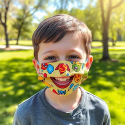 A young boy with a joyful expression wearing a colorful, cartoon-themed face mask