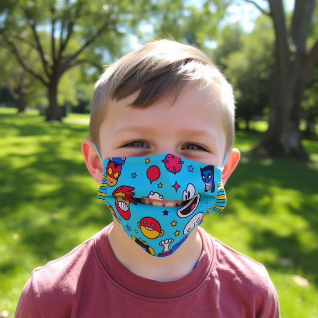 A young boy with a joyful expression wearing a colorful, cartoon-themed face mask