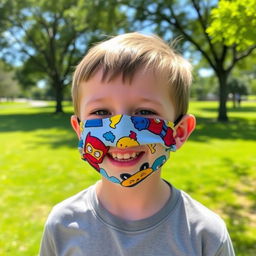 A young boy with a joyful expression wearing a colorful, cartoon-themed face mask
