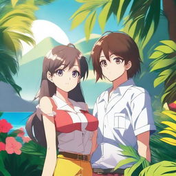 A high-quality digital art image, featuring an anime-style scene set in a hot, tropical environment