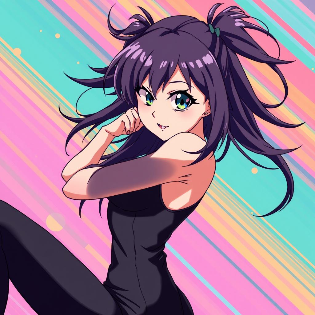 An anime-style illustration featuring a confident young woman, with long flowing hair and bright expressive eyes, in a dynamic pose