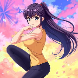An anime-style illustration featuring a confident young woman, with long flowing hair and bright expressive eyes, in a dynamic pose