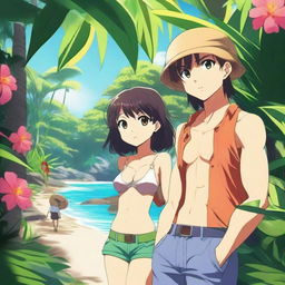 A high-quality digital art image, featuring an anime-style scene set in a hot, tropical environment