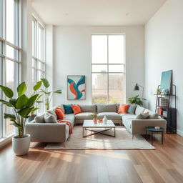 A modern and inviting interior design for a spacious living room, featuring large windows that allow natural light to flood the space