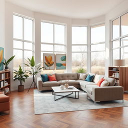 A modern and inviting interior design for a spacious living room, featuring large windows that allow natural light to flood the space