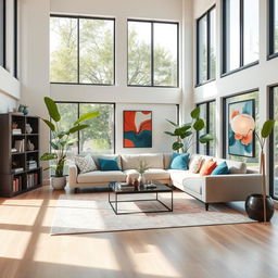 A modern and inviting interior design for a spacious living room, featuring large windows that allow natural light to flood the space