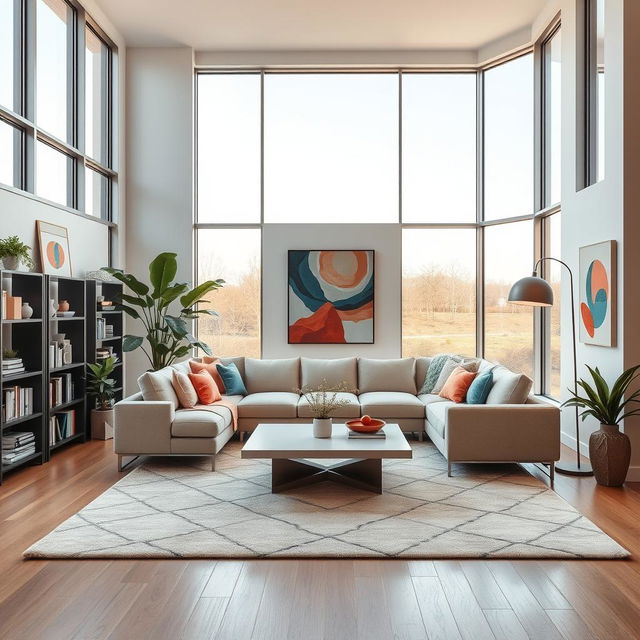 A modern and inviting interior design for a spacious living room, featuring large windows that allow natural light to flood the space