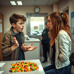 A scene inside a police station where a teenage boy, visibly frustrated and with an intense expression, is shouting at his girlfriend