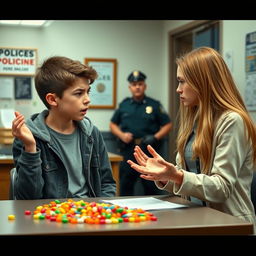 A scene inside a police station where a teenage boy, visibly frustrated and with an intense expression, is shouting at his girlfriend