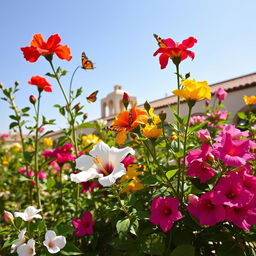 A vibrant display of Bahraini flowers in a sunlit garden