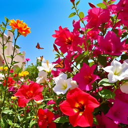 A vibrant display of Bahraini flowers in a sunlit garden