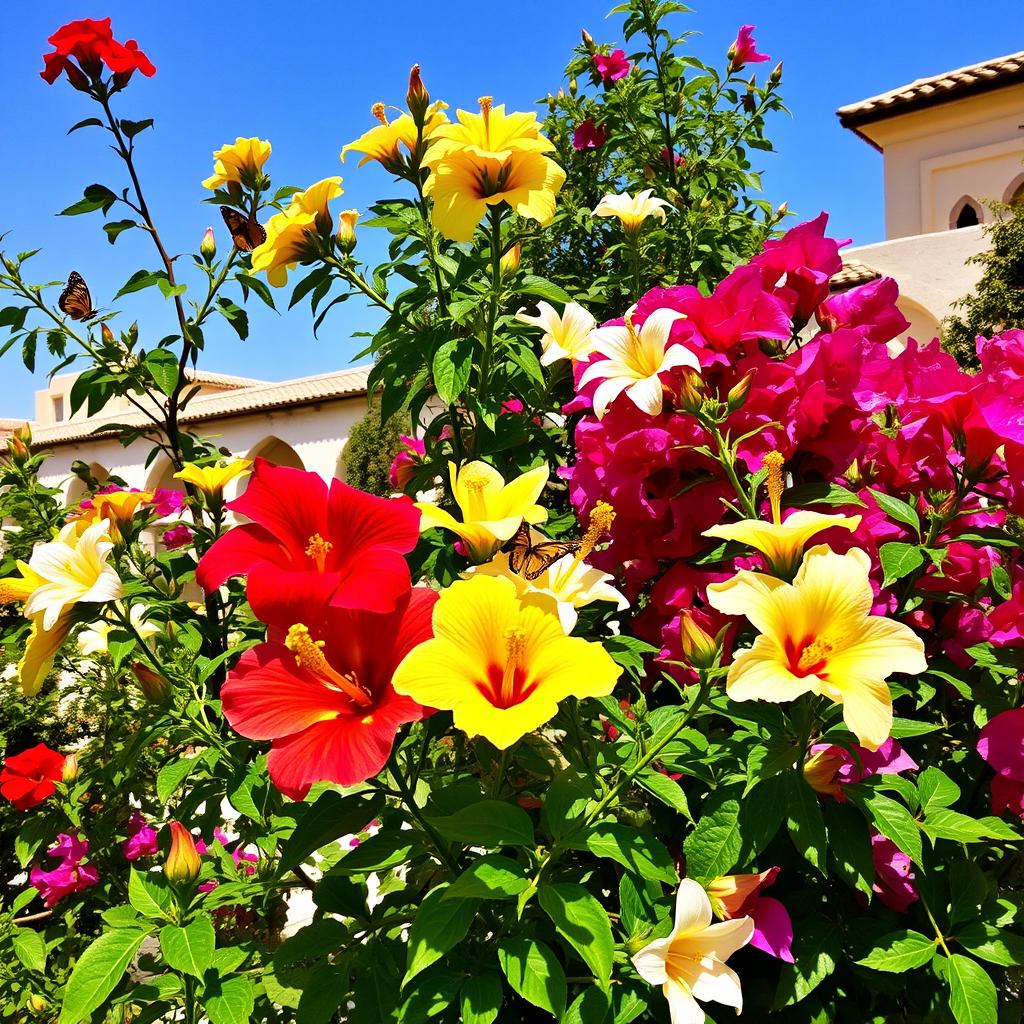 A vibrant display of Bahraini flowers in a sunlit garden