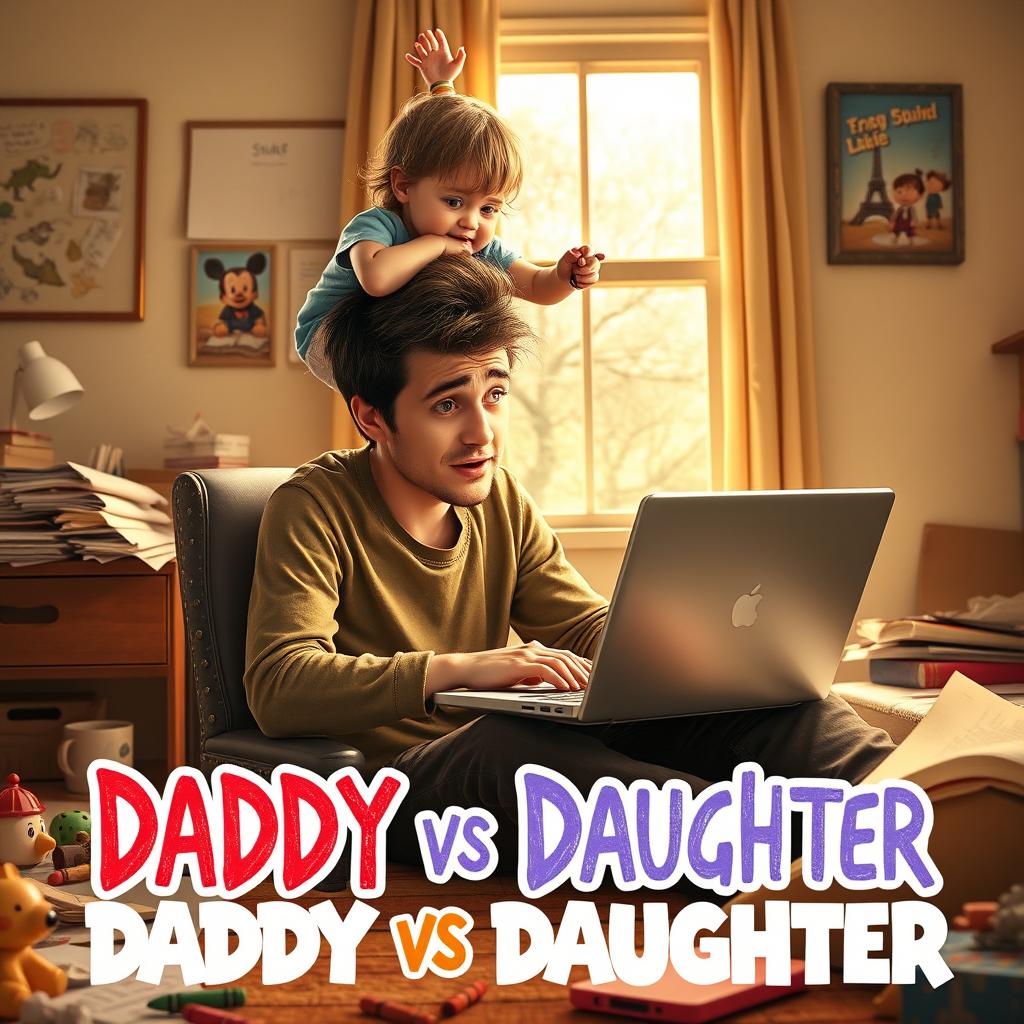 A humorous and heartwarming movie poster for 'Daddy vs Daughter,' depicting a young scriptwriter sitting at a desk with a laptop in front of him, looking both frustrated and affectionate