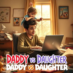 A humorous and heartwarming movie poster for 'Daddy vs Daughter,' depicting a young scriptwriter sitting at a desk with a laptop in front of him, looking both frustrated and affectionate