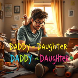 A humorous and heartwarming movie poster for 'Daddy vs Daughter,' depicting a young scriptwriter sitting at a desk with a laptop in front of him, looking both frustrated and affectionate