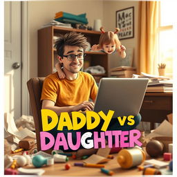 A humorous and heartwarming movie poster for 'Daddy vs Daughter,' depicting a young scriptwriter sitting at a desk with a laptop in front of him, looking both frustrated and affectionate
