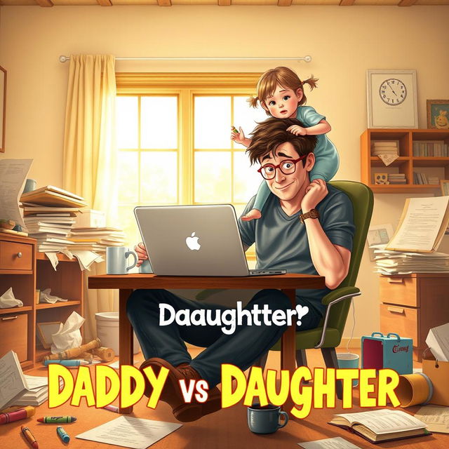 A humorous and heartwarming movie poster for 'Daddy vs Daughter,' depicting a young scriptwriter sitting at a desk with a laptop in front of him, looking both frustrated and affectionate