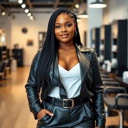 A full-body portrait of a confident and stylish African-American woman in her 30s, standing in a modern hair salon