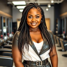 A full-body portrait of a confident and stylish African-American woman in her 30s, standing in a modern hair salon
