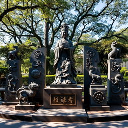 A captivating display of statues and symbols representing the reign of Wu Zetian, showcasing a prominent bronze statue of her in regal attire, holding a scroll, symbolizing her intelligence and authority