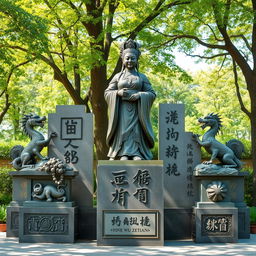 A captivating display of statues and symbols representing the reign of Wu Zetian, showcasing a prominent bronze statue of her in regal attire, holding a scroll, symbolizing her intelligence and authority