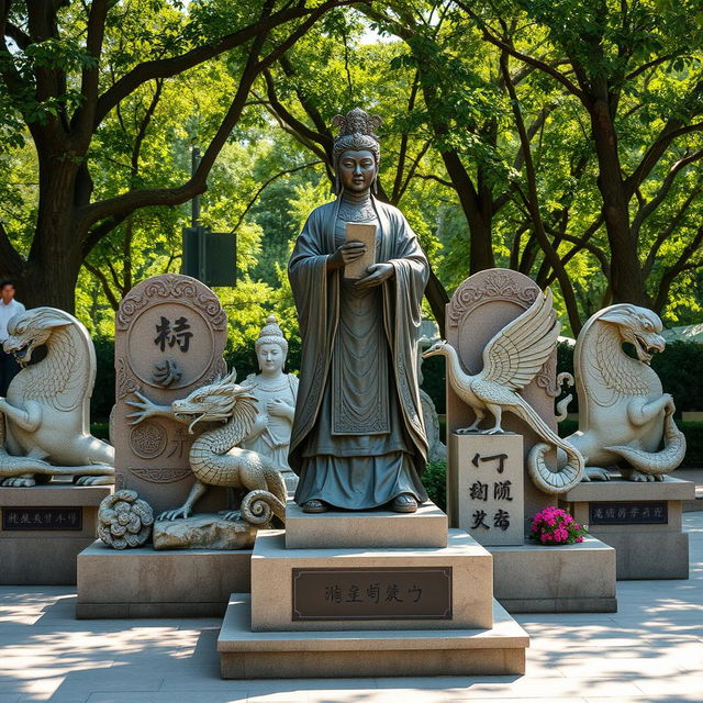 A captivating display of statues and symbols representing the reign of Wu Zetian, showcasing a prominent bronze statue of her in regal attire, holding a scroll, symbolizing her intelligence and authority