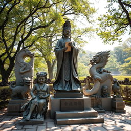 A captivating display of statues and symbols representing the reign of Wu Zetian, showcasing a prominent bronze statue of her in regal attire, holding a scroll, symbolizing her intelligence and authority