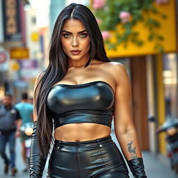 A voluptuous woman with striking green eyes and long black hair, wearing tight-fitting leather clothing that accentuates her curves