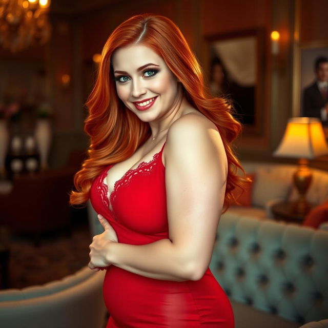 A sexy plump redhead woman, confidently posing in an elegant setting