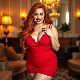 A sexy plump redhead woman, confidently posing in an elegant setting