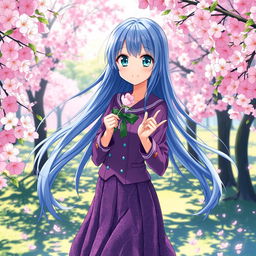 A stunning anime girl with long flowing blue hair and bright green eyes, wearing a stylish purple school uniform adorned with intricate patterns