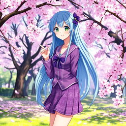 A stunning anime girl with long flowing blue hair and bright green eyes, wearing a stylish purple school uniform adorned with intricate patterns
