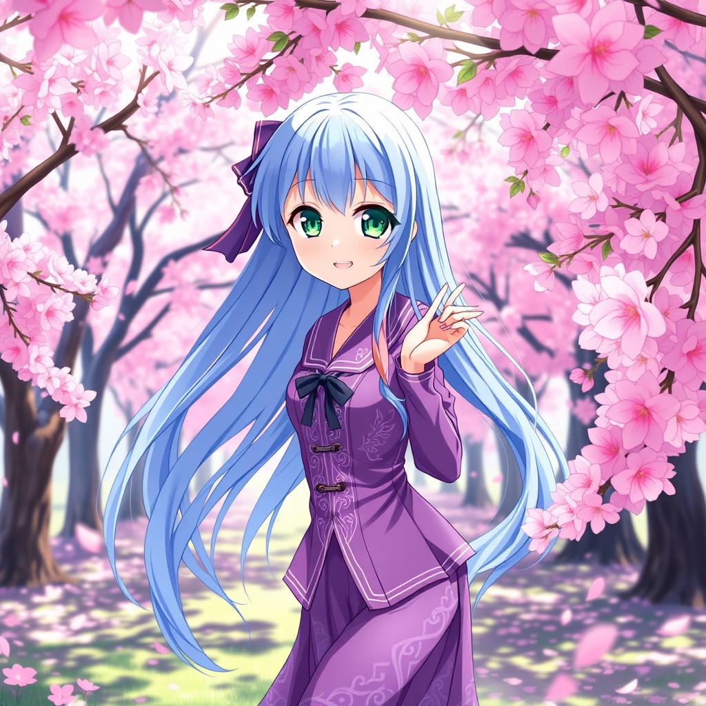 A stunning anime girl with long flowing blue hair and bright green eyes, wearing a stylish purple school uniform adorned with intricate patterns