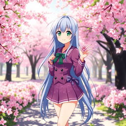 A stunning anime girl with long flowing blue hair and bright green eyes, wearing a stylish purple school uniform adorned with intricate patterns