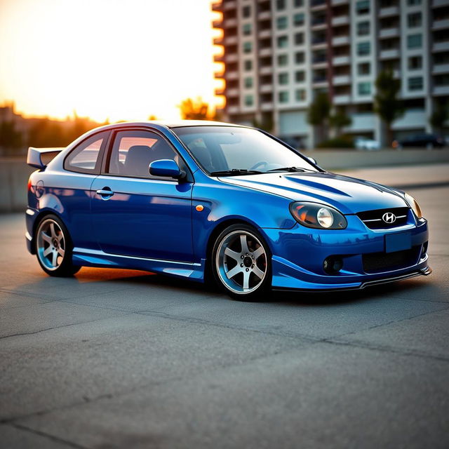 A modified 2003 Hyundai Accent Verna with two doors, showcasing its sleek, sporty design and impressive tuning features