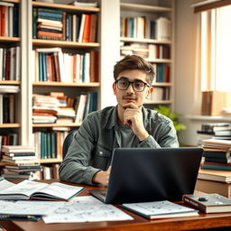 A highly intelligent student engaged in research, seated at a modern desk filled with books, scientific journals, and a laptop